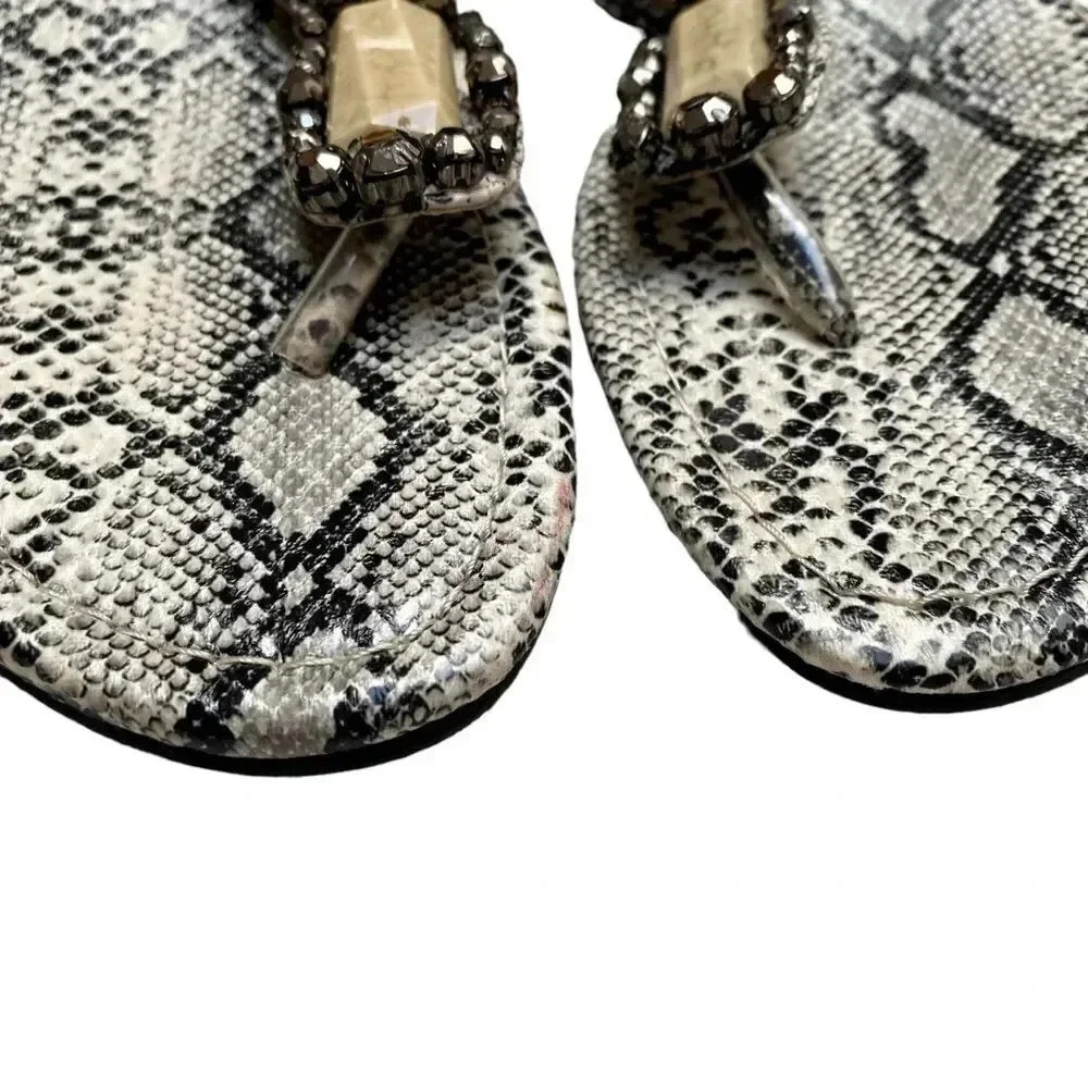 Coconuts Beverly Black & White Snakeskin Stone Embellished T Strap Thong Sandals - Picture 3 of 11